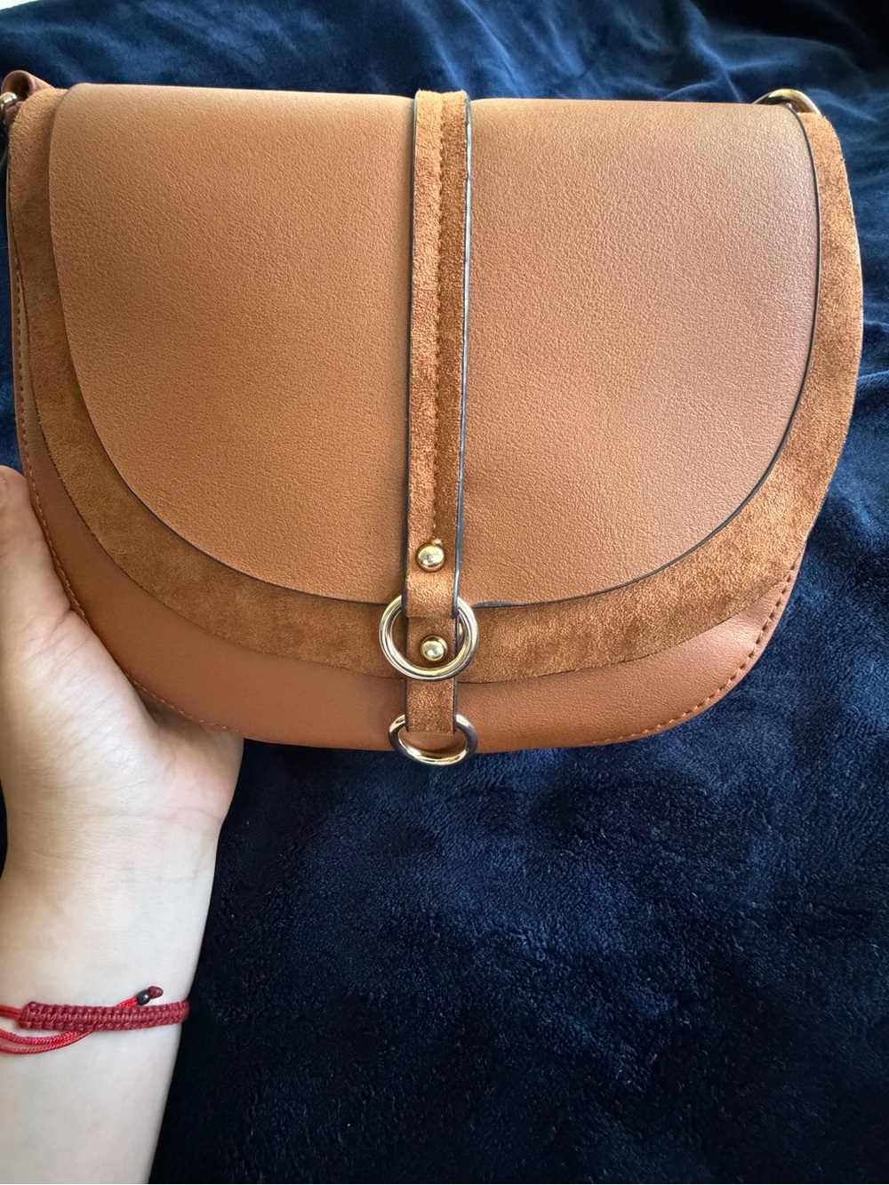 Classic Tan Leather/ Suede Saddle Crossbody Bag with Ring Accent